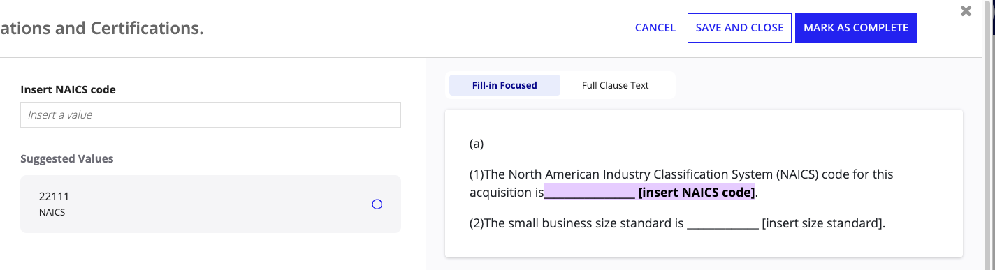 Quick Fill workflow with highlighted fill-in fields and auto-suggested values from contract details