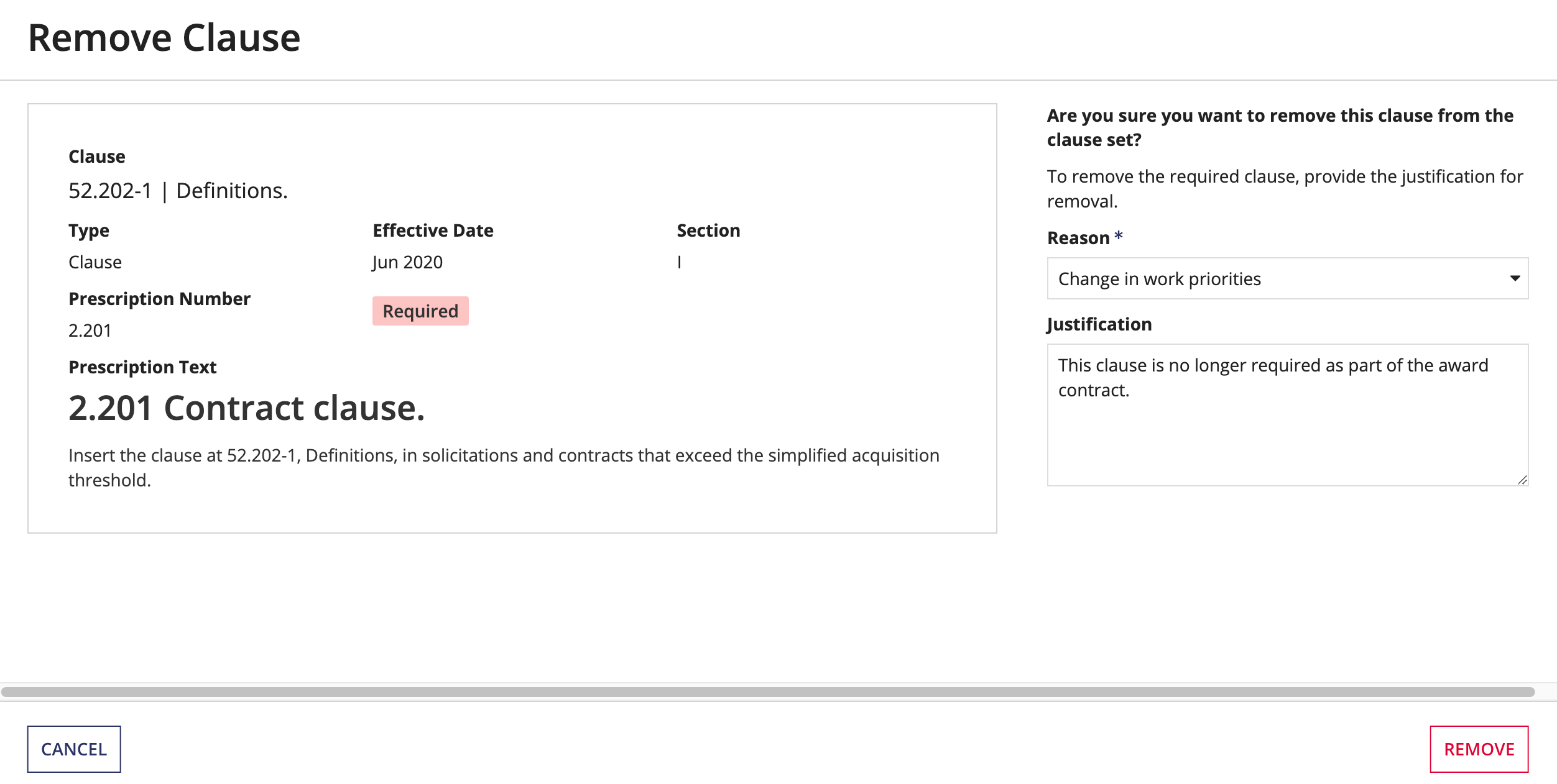 Remove Clause form with reason dropdown and justification text box