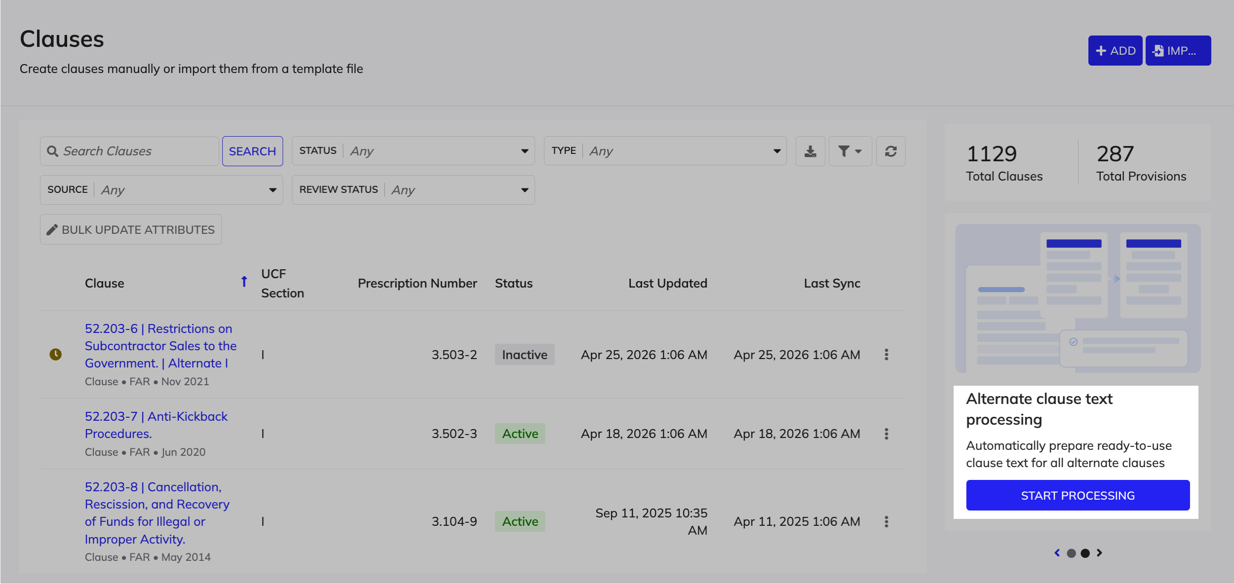 One-time bulk cleaup for alternate clause automation on the Clauses page.