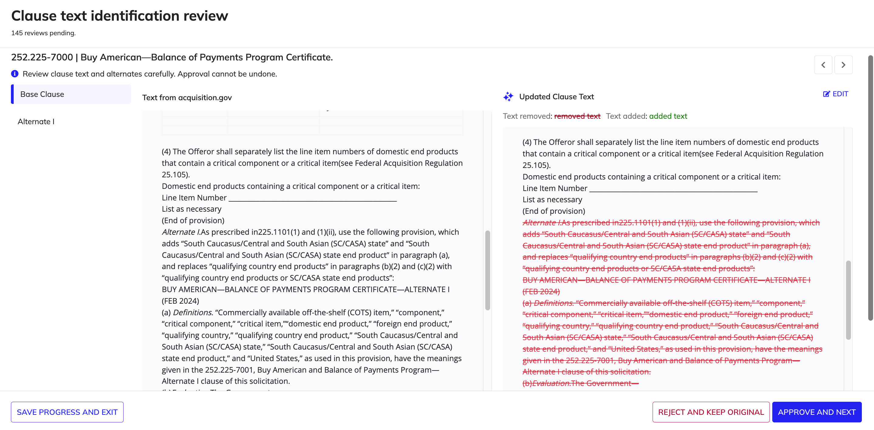Clause text review screen showing original text and AI-updated text