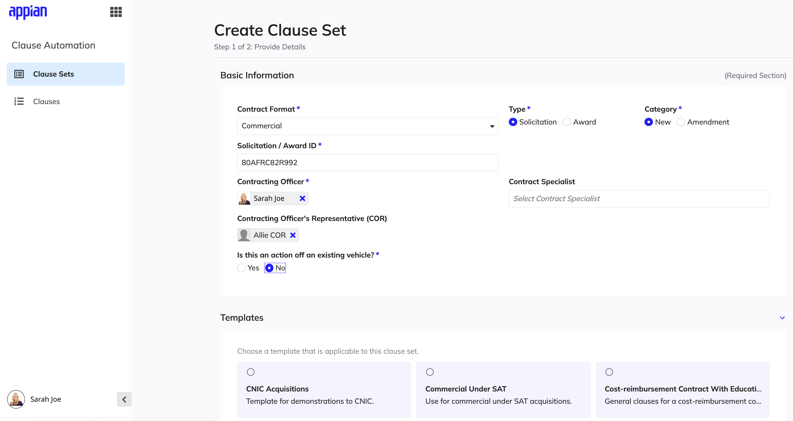 Contract data entry fields and clause selection options in the Create Clause Set wizard
