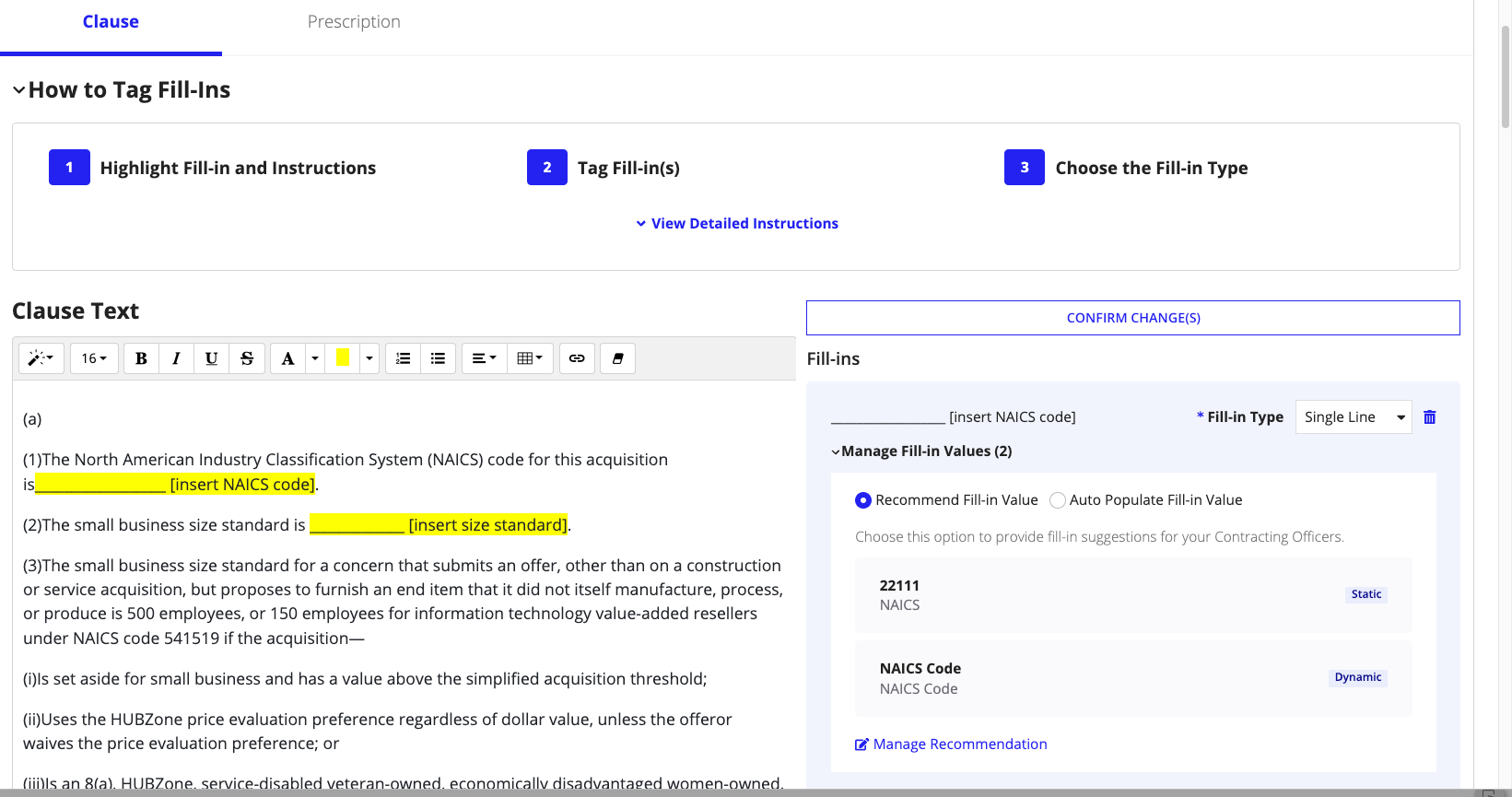 Clause fill-in fields with suggested values based on contract data