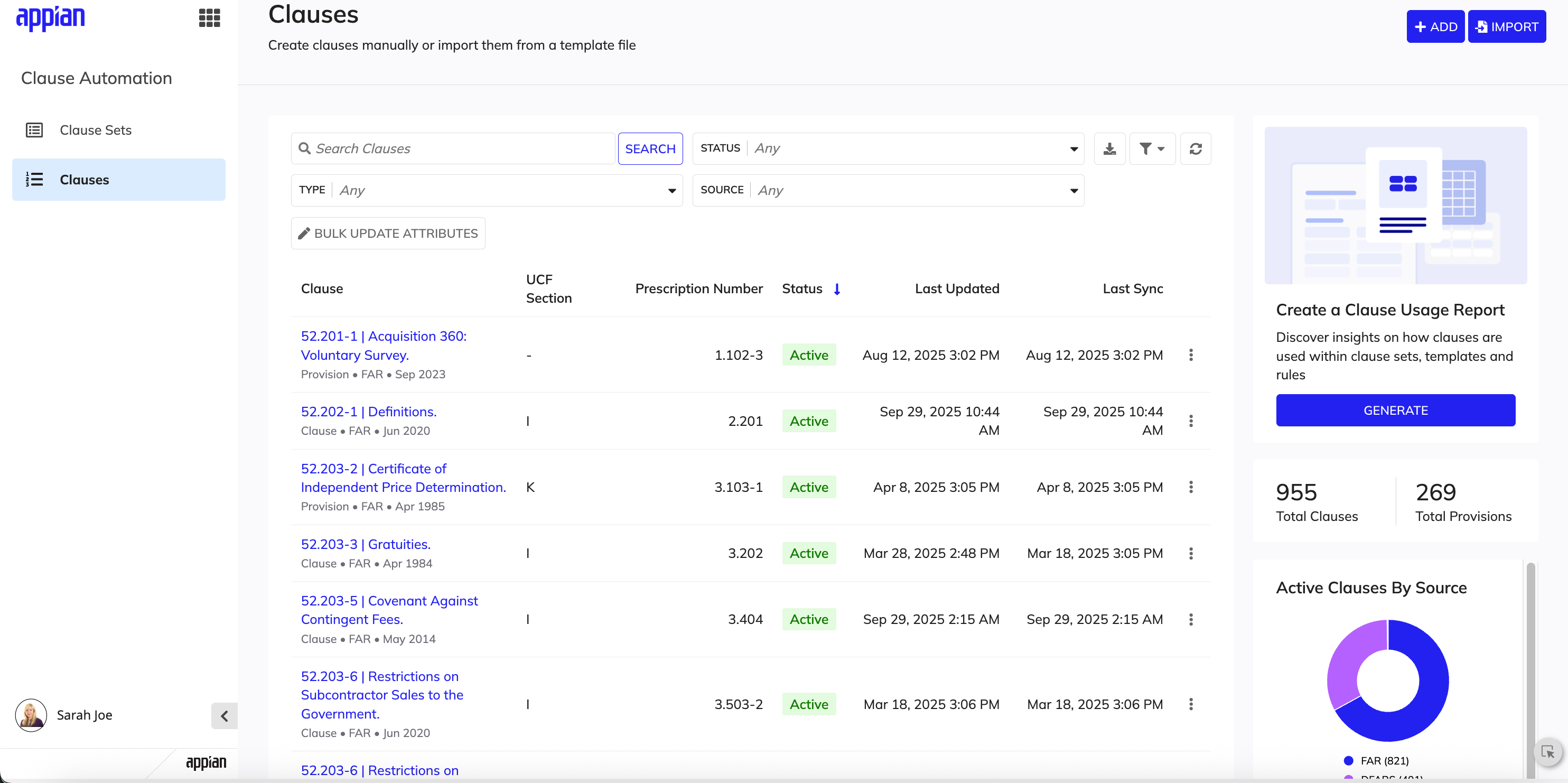 Centralized clause repository showing FAR, DFARS, and agency-specific clauses