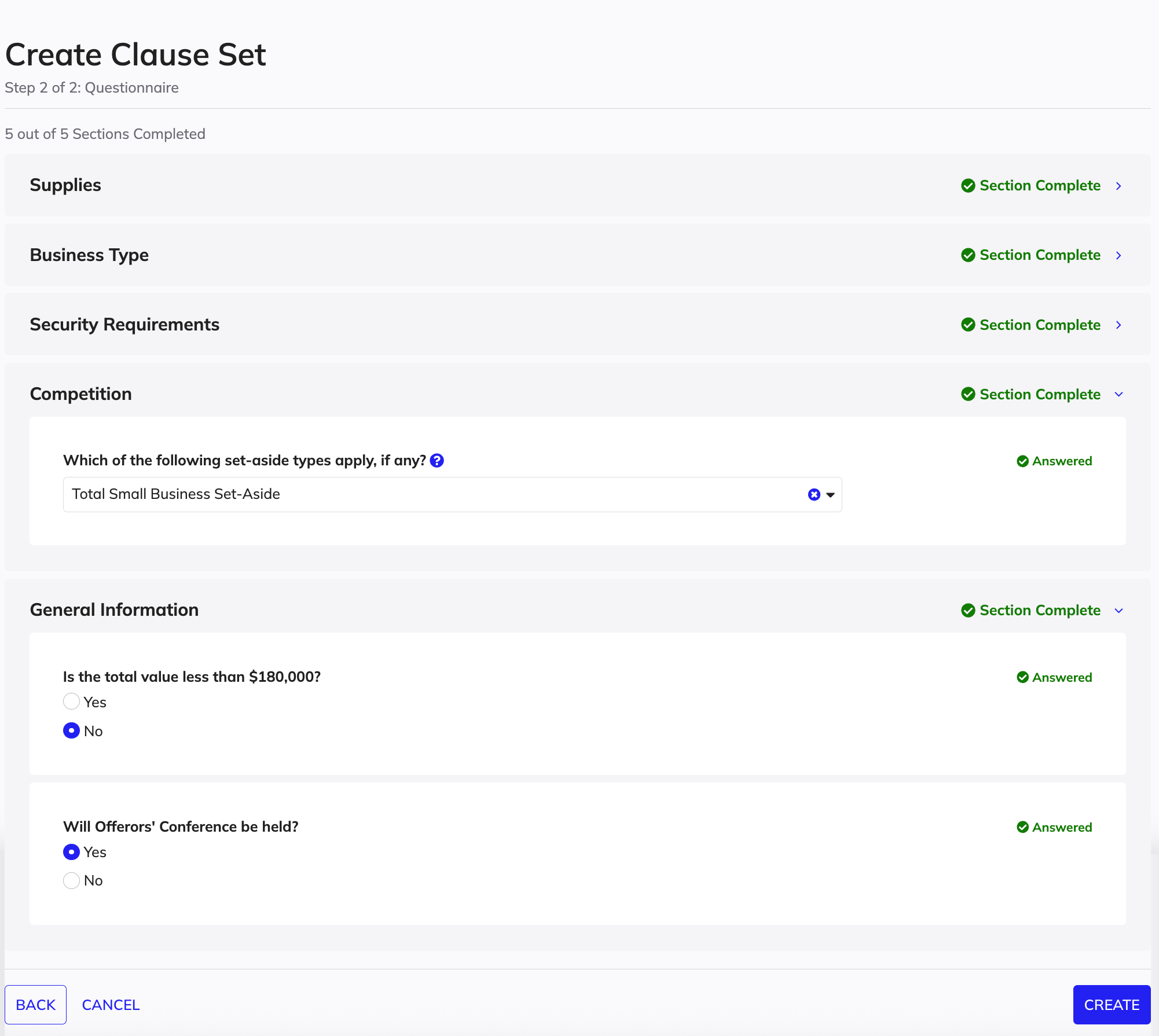The Questionnaire section in the Create Clause Set wizard displaying targeted questions about contract requirements