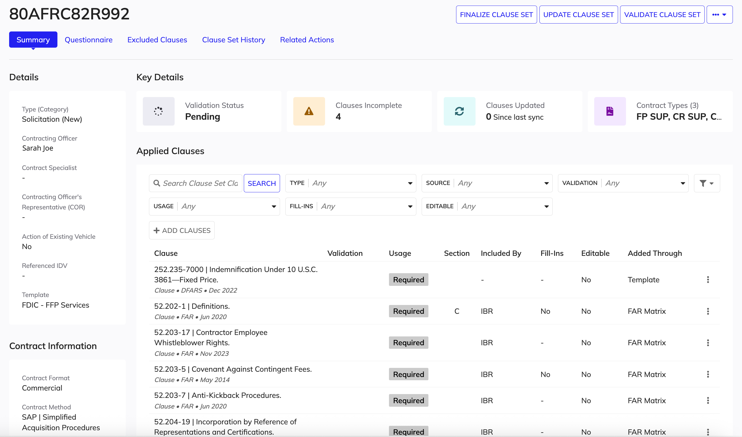 Clause set summary view showing clause status, completion progress, and outstanding fill-ins