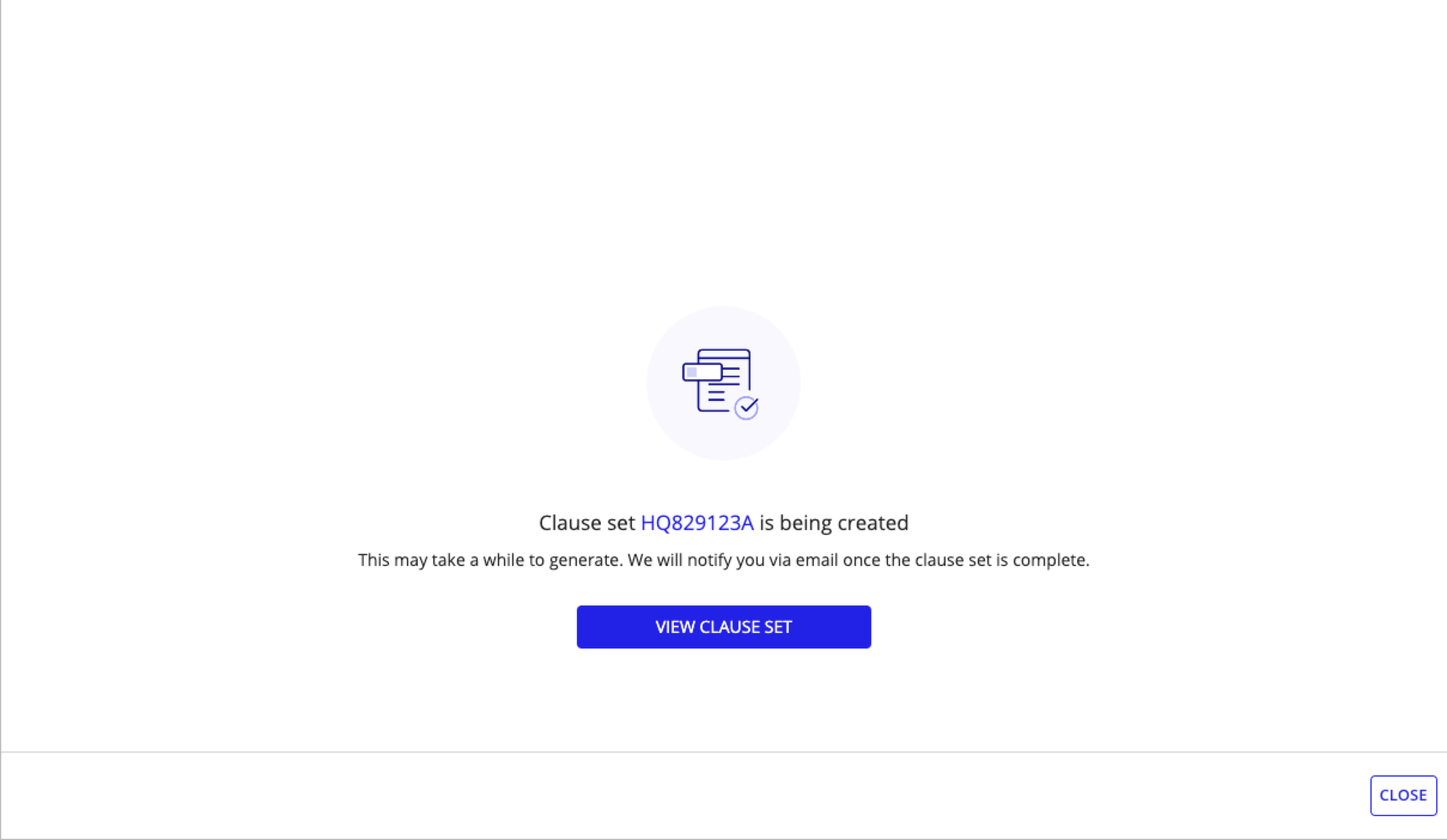 Confirmation message after successful creation of the award clause set