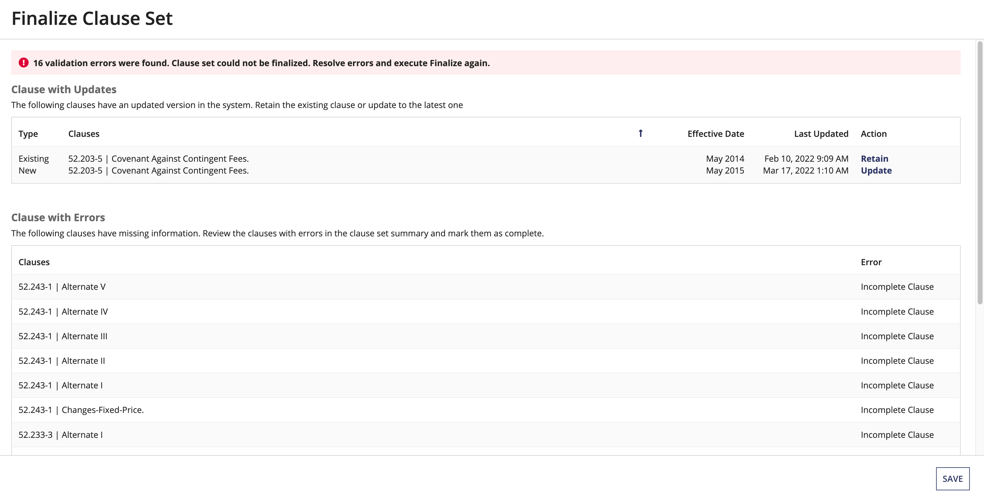 Validation errors displayed during clause set finalization requiring attention before completing