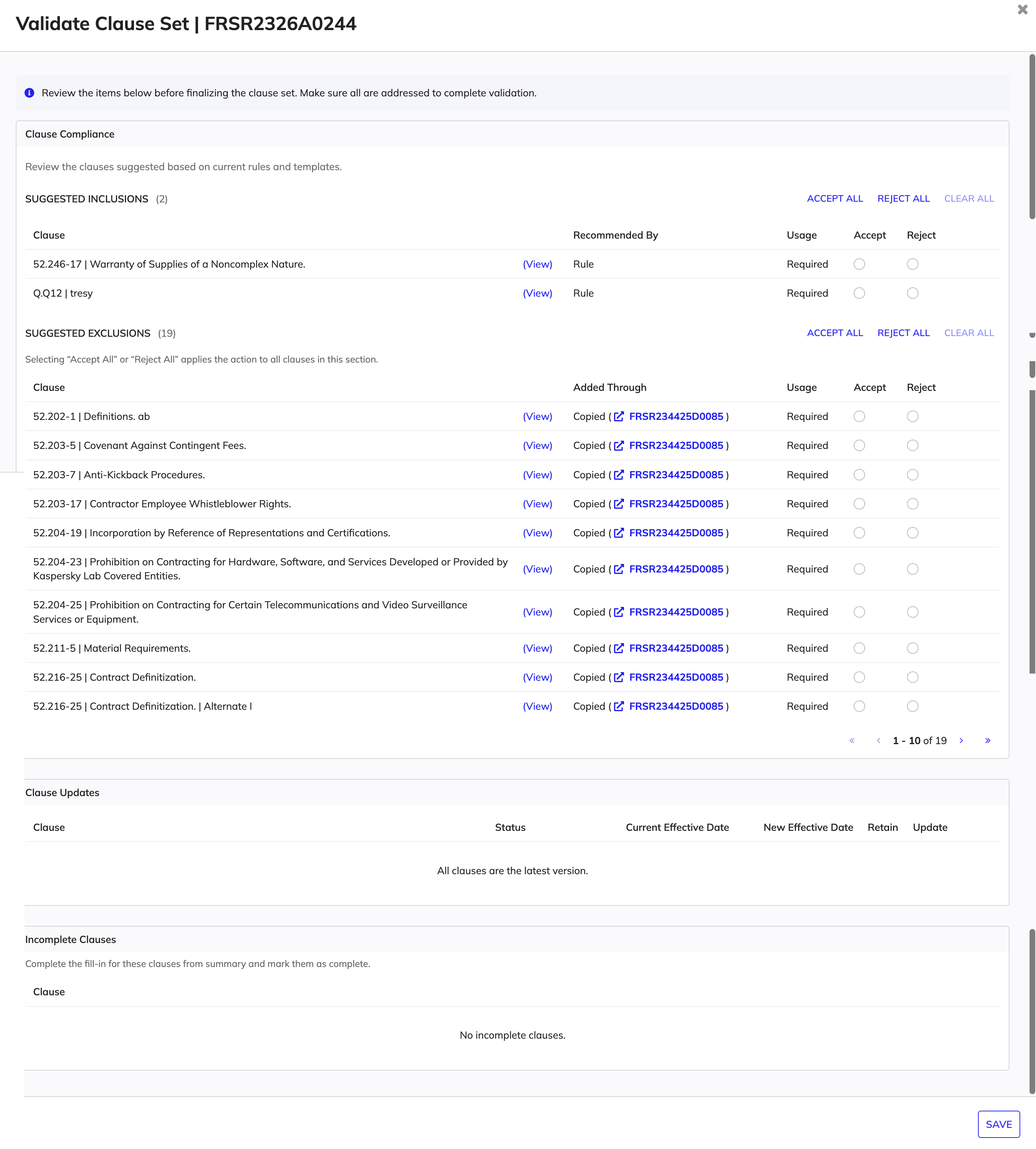 Review clause suggestions popup showing suggested inclusions and exclusions with accept and reject actions