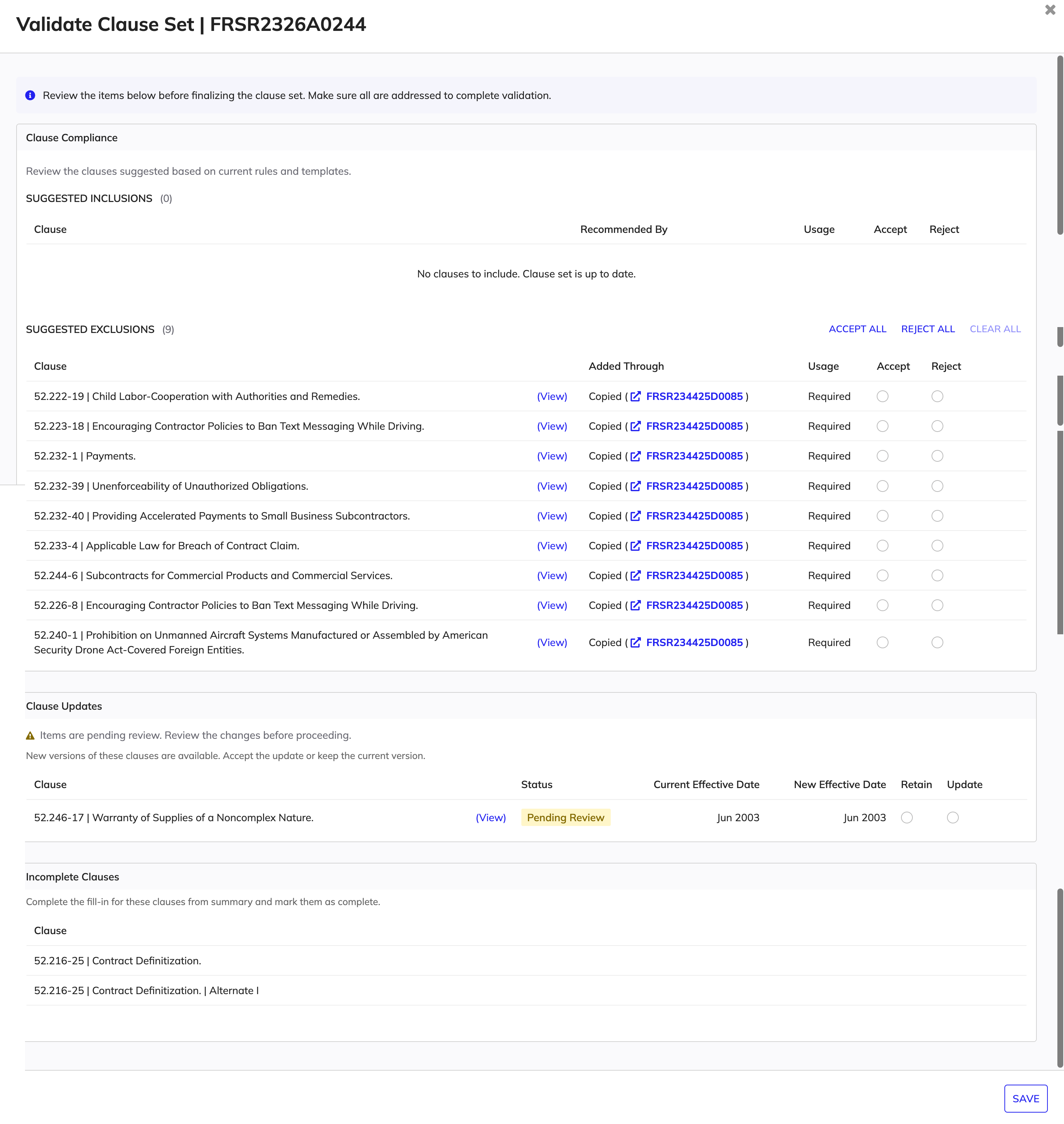 Validate Clause Set dialog showing clause compliance recommendations, updates, and incomplete clauses