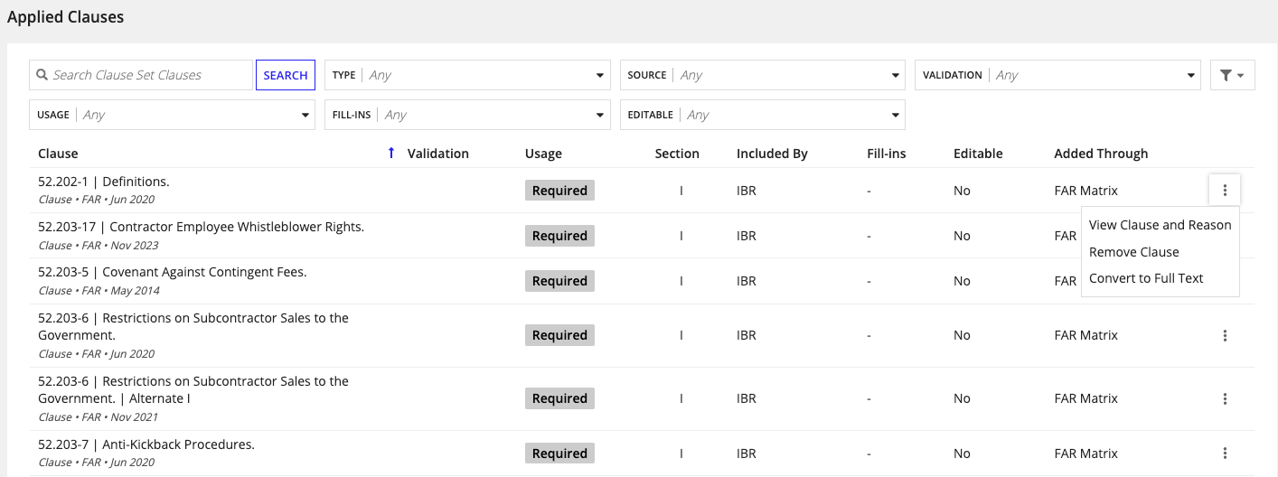 Ellipsis menu on a clause row with View Clause and Reason option