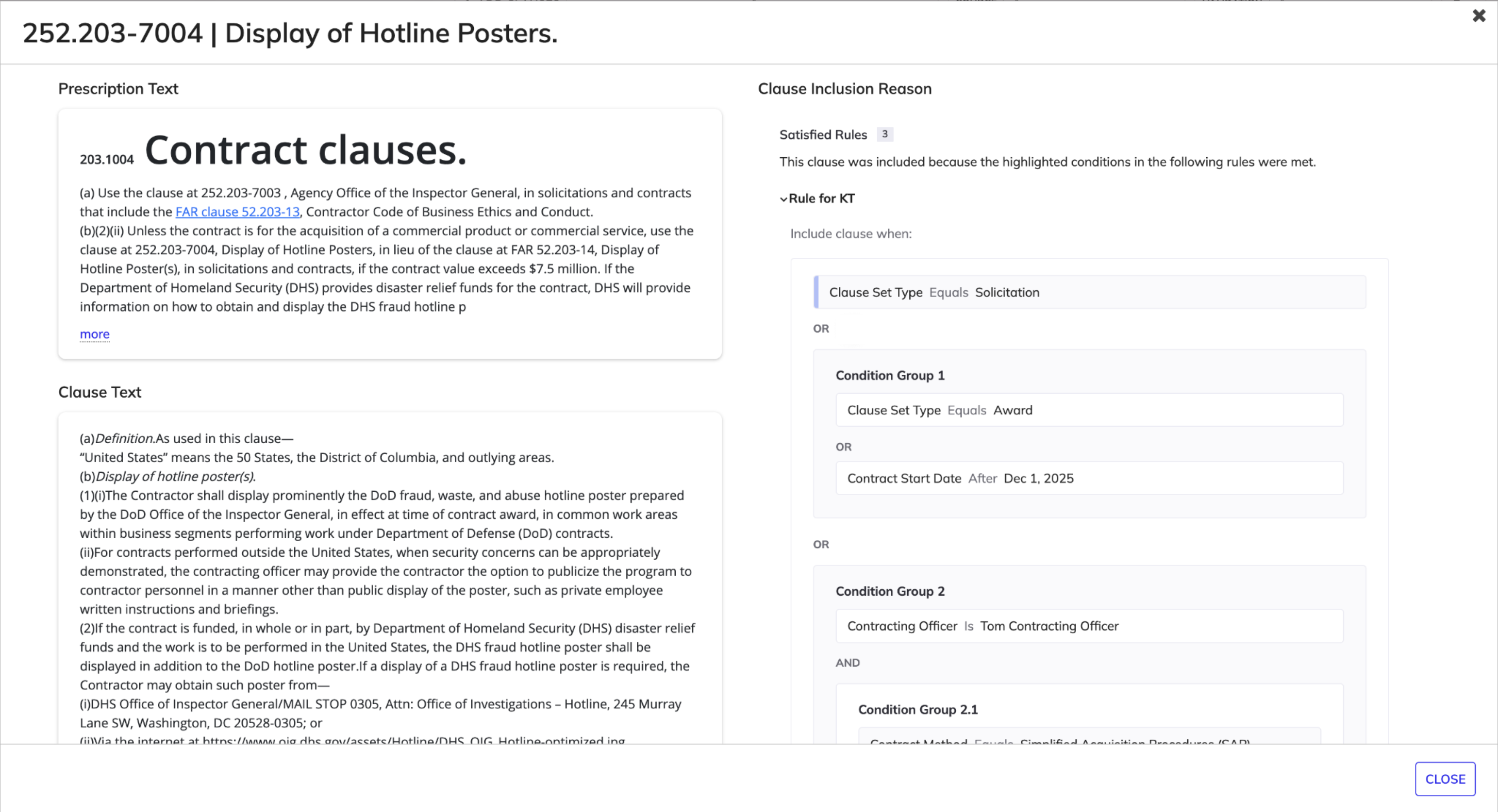 View Clause dialog showing clause name, identifier, prescription text, clause text, and inclusion reason