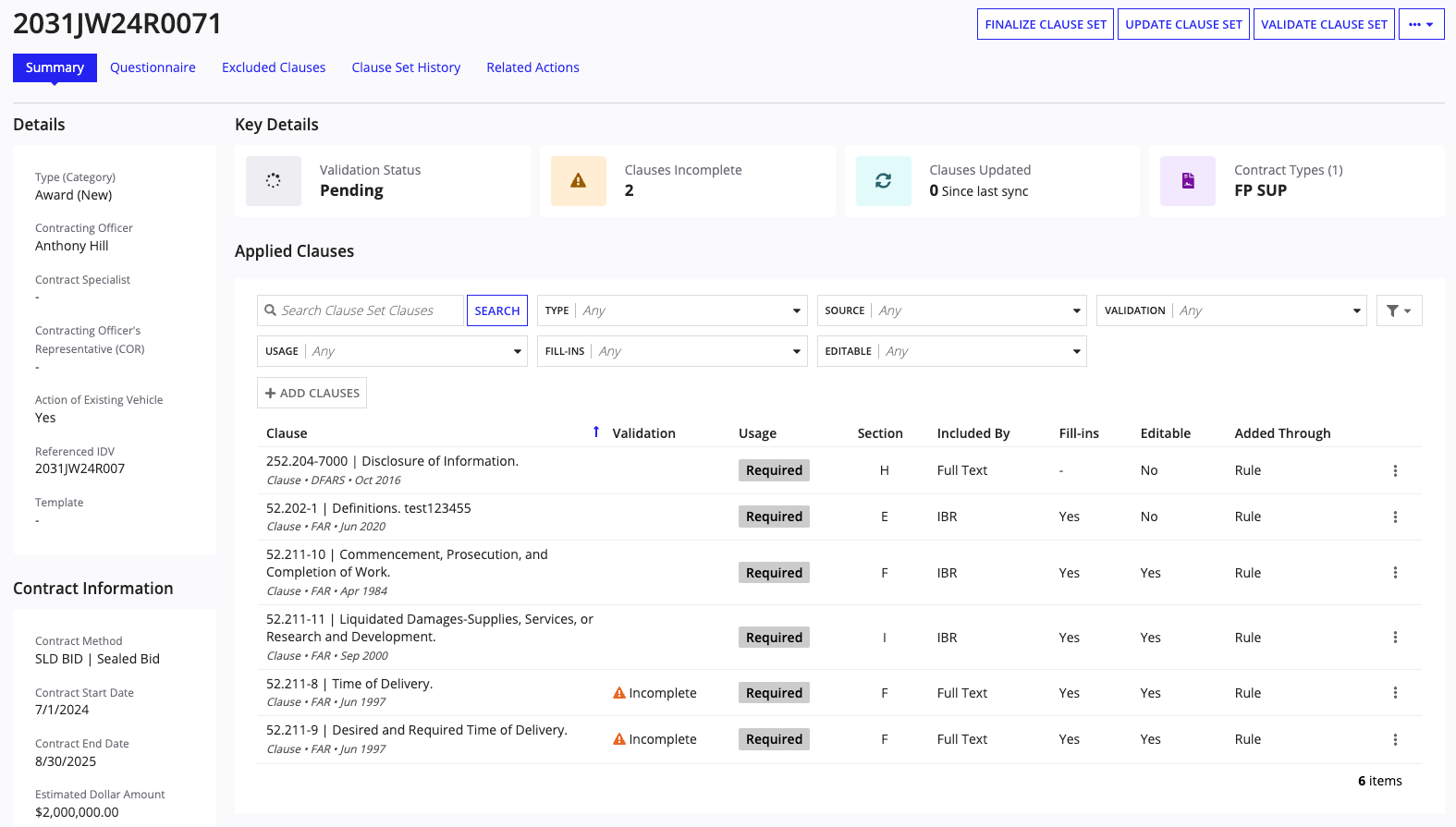 Clause Set Summary view showing contract details, validation status, and applied clauses