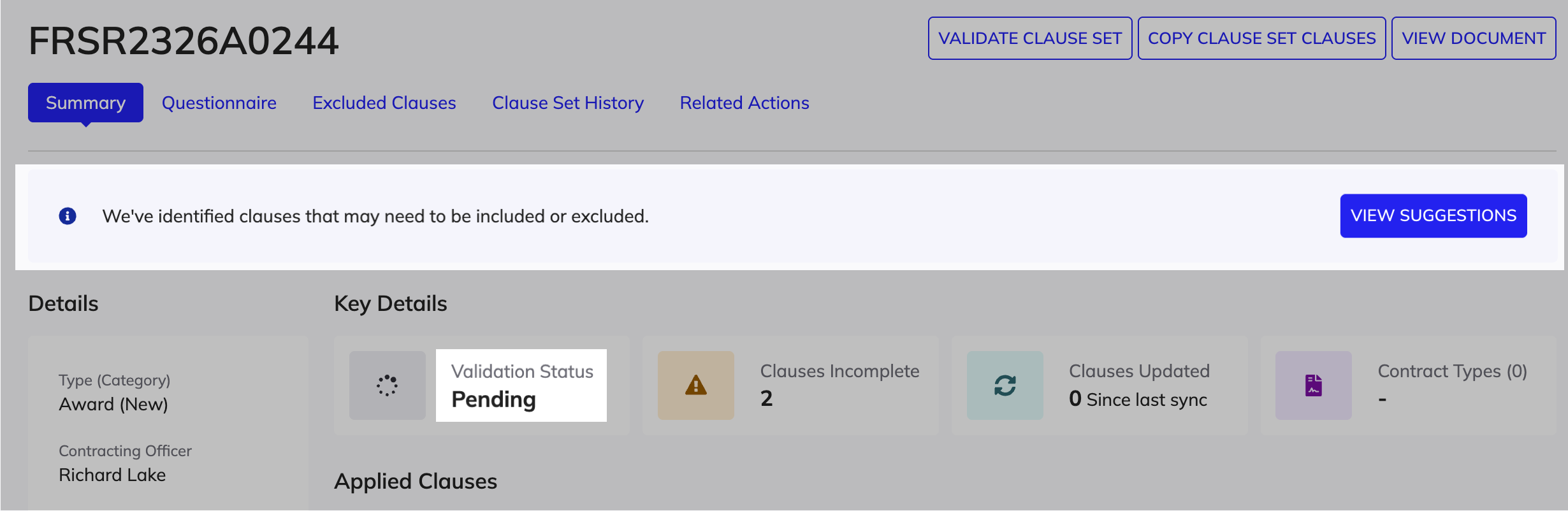 Banner displaying the option to review the suggestions on the Clause Set Summary view.