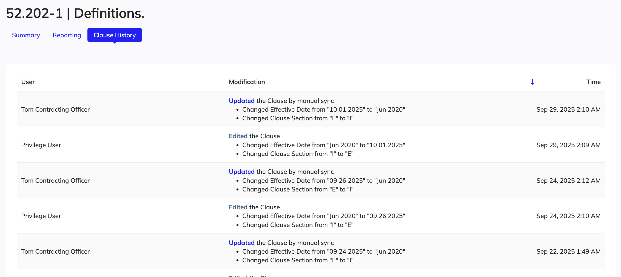 Clause History tab showing a log of updates, users, and timestamps