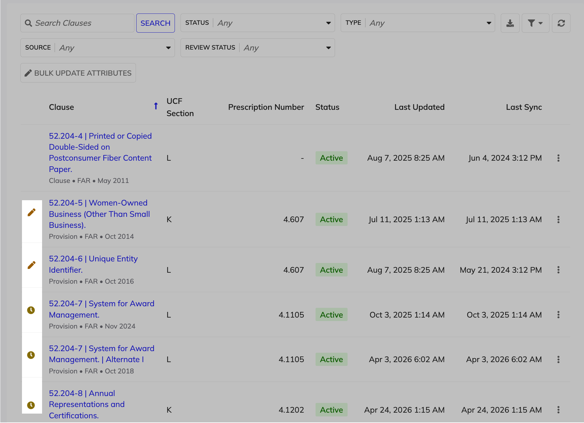 Clause processing status indicators in the clauses grid.