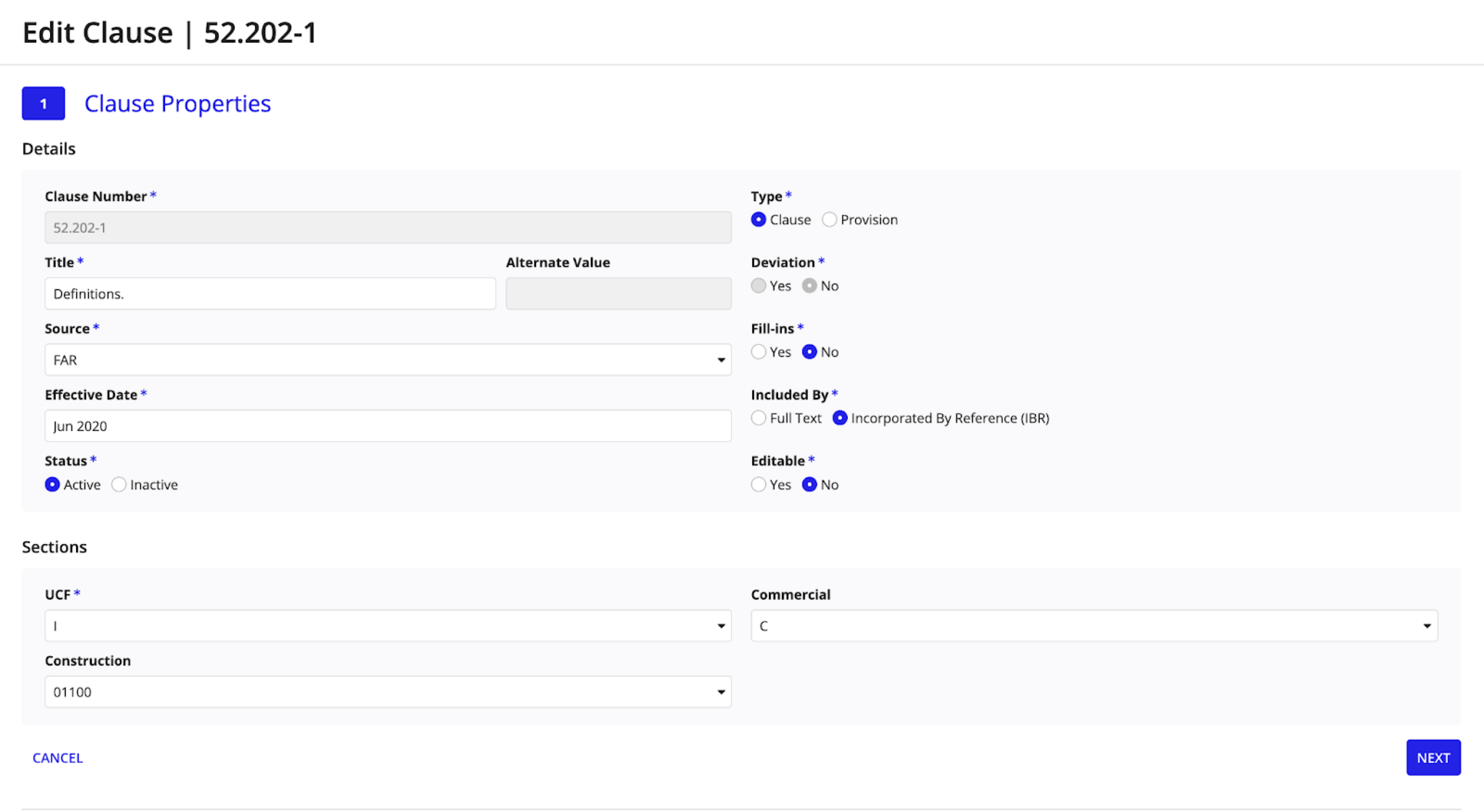Edit clause properties form with fields for type, title, source, status, and effective date