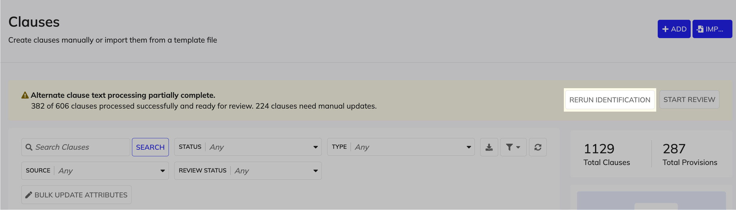 Rerun identification button on the alternate clause processing status banner on Clauses page.