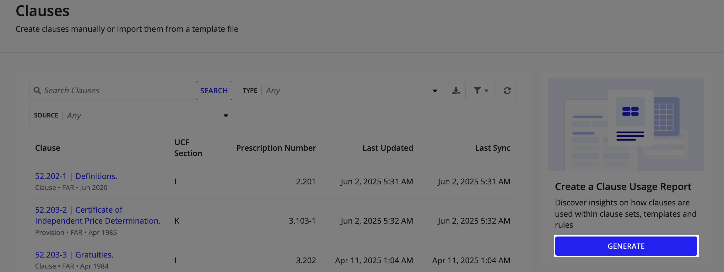 Generate button in Clauses page