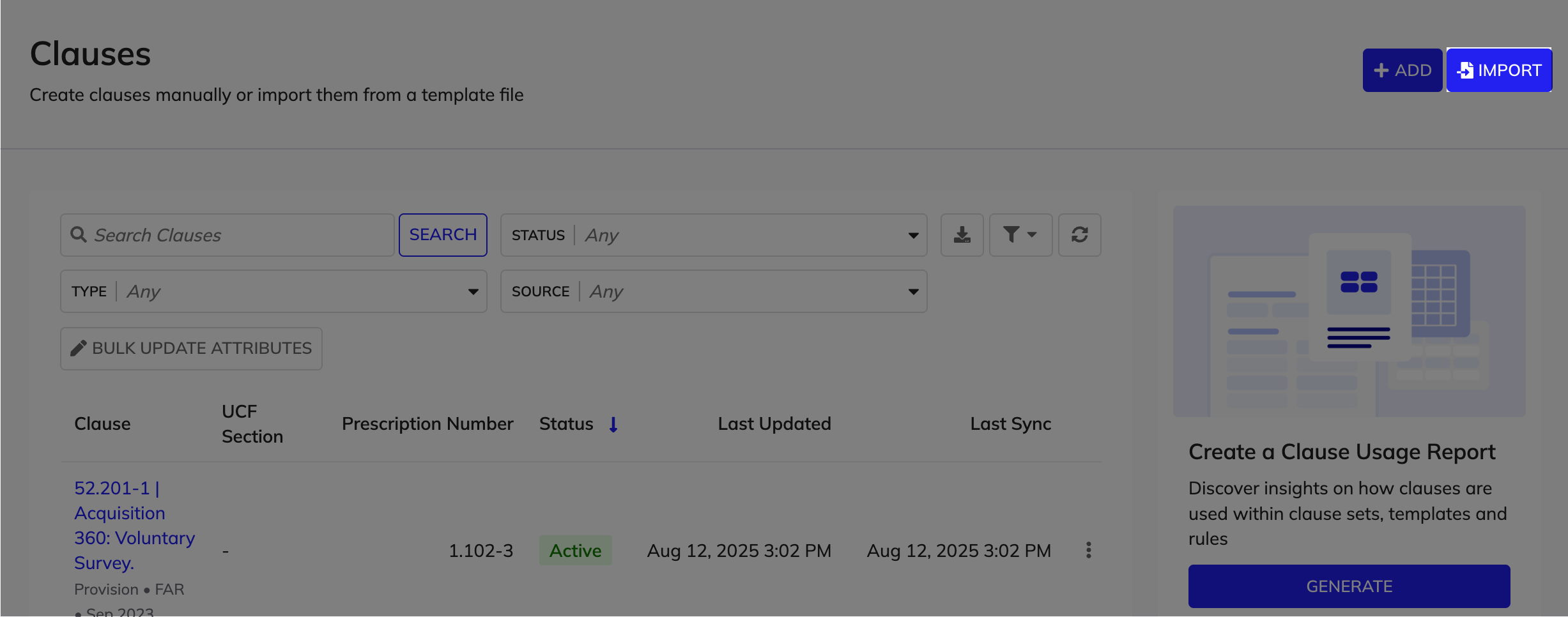 Import button on Clauses page