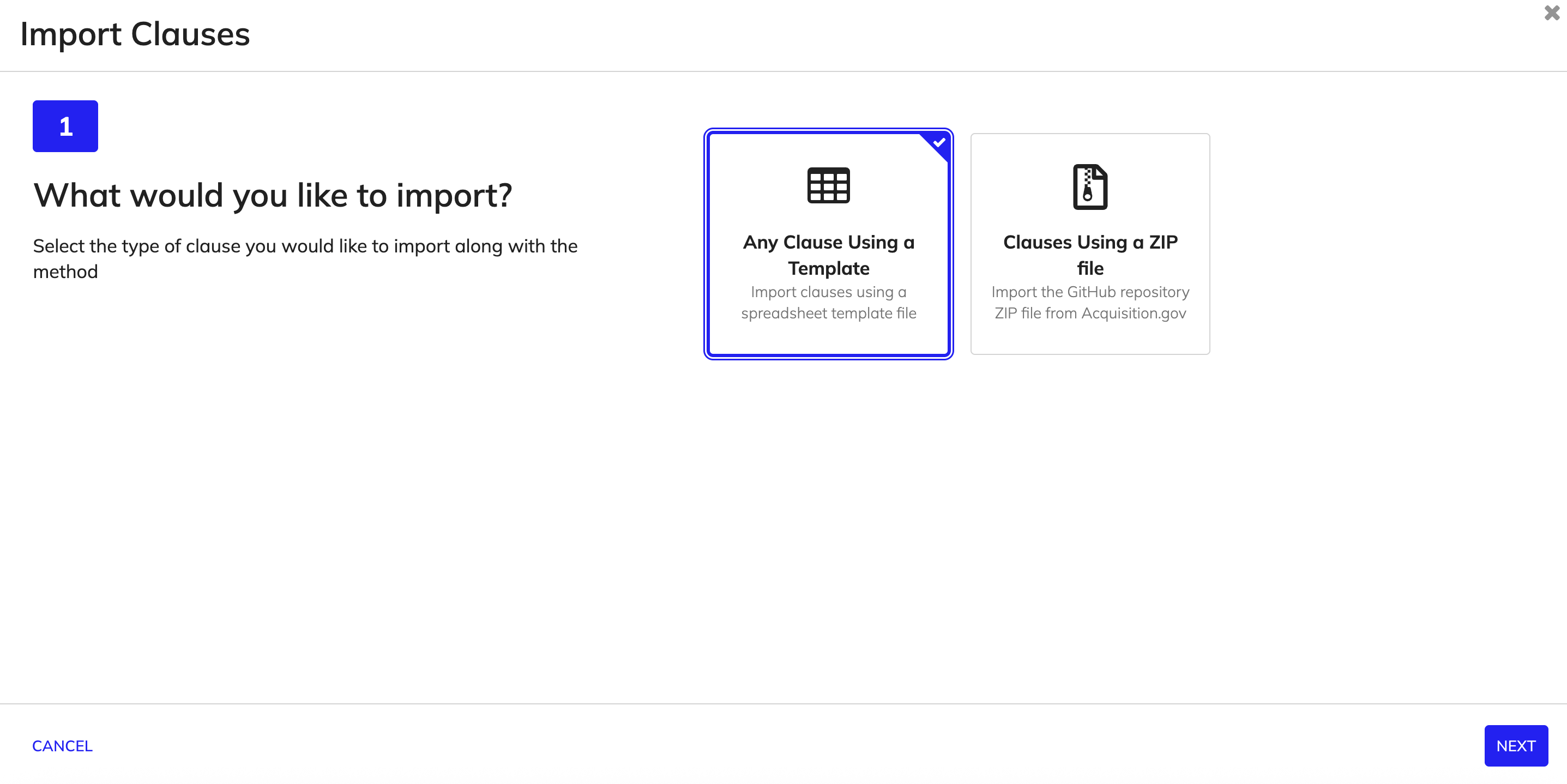 Select to import clauses using a template