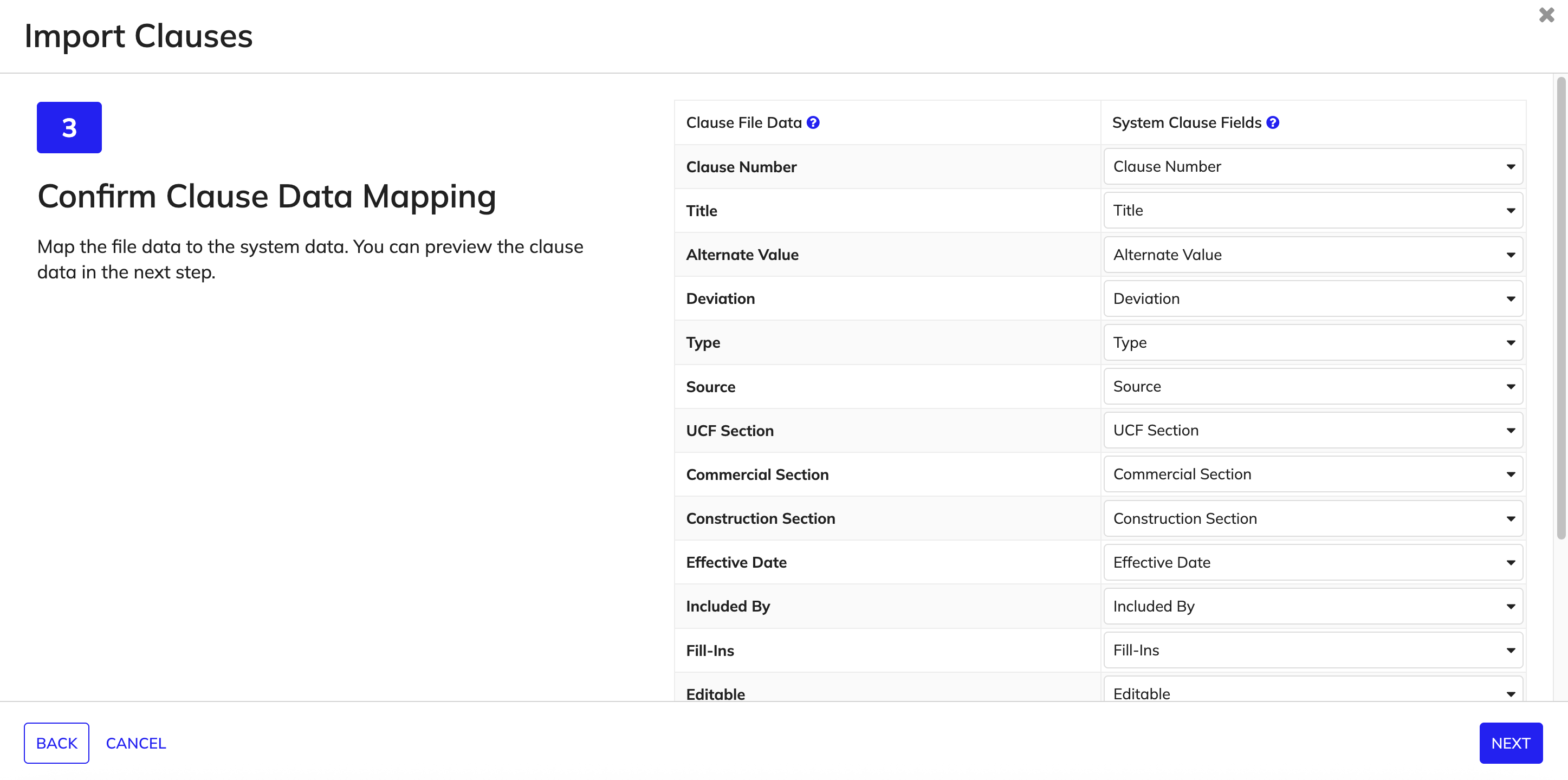 Map the data fields in clause template to system clause fields