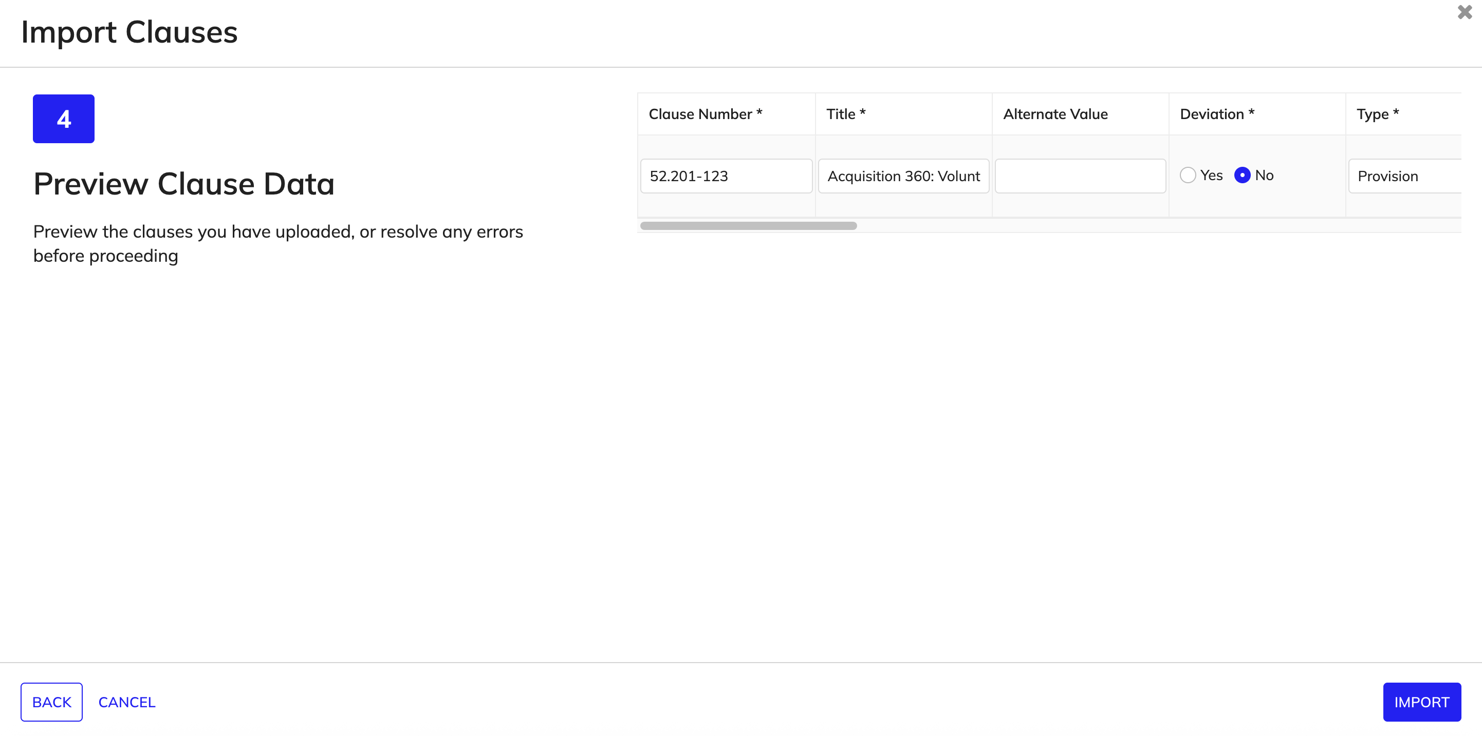 Clause data preview before import