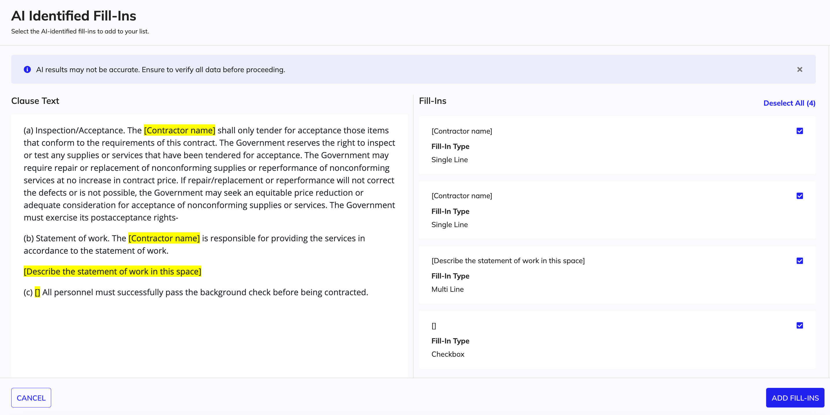 Select the fill-ins identified by AI