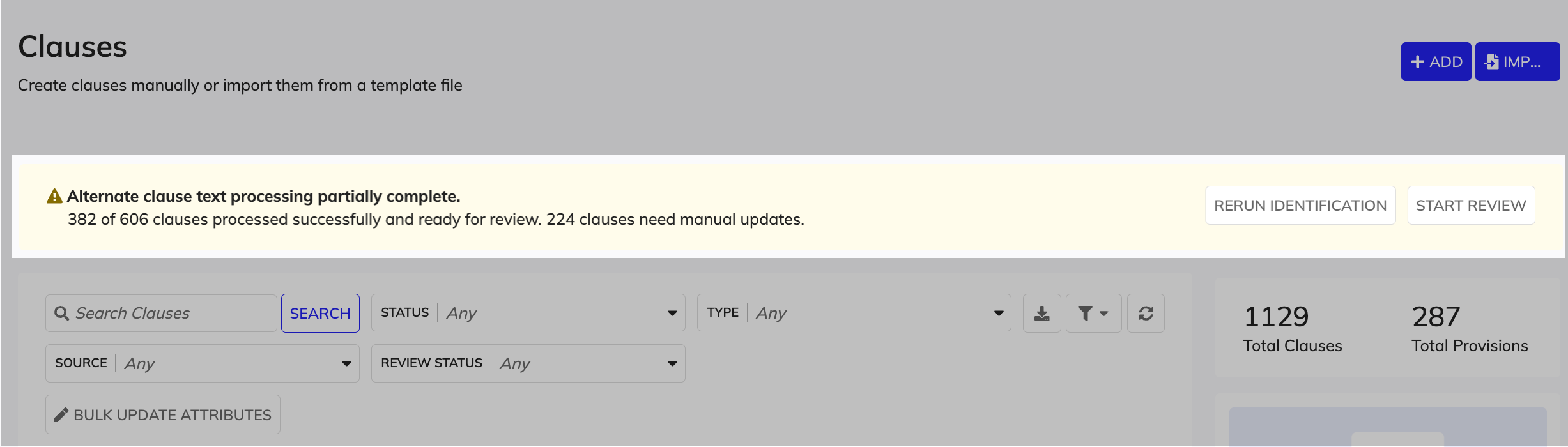 Alternate clause processing status banner on Clauses page.