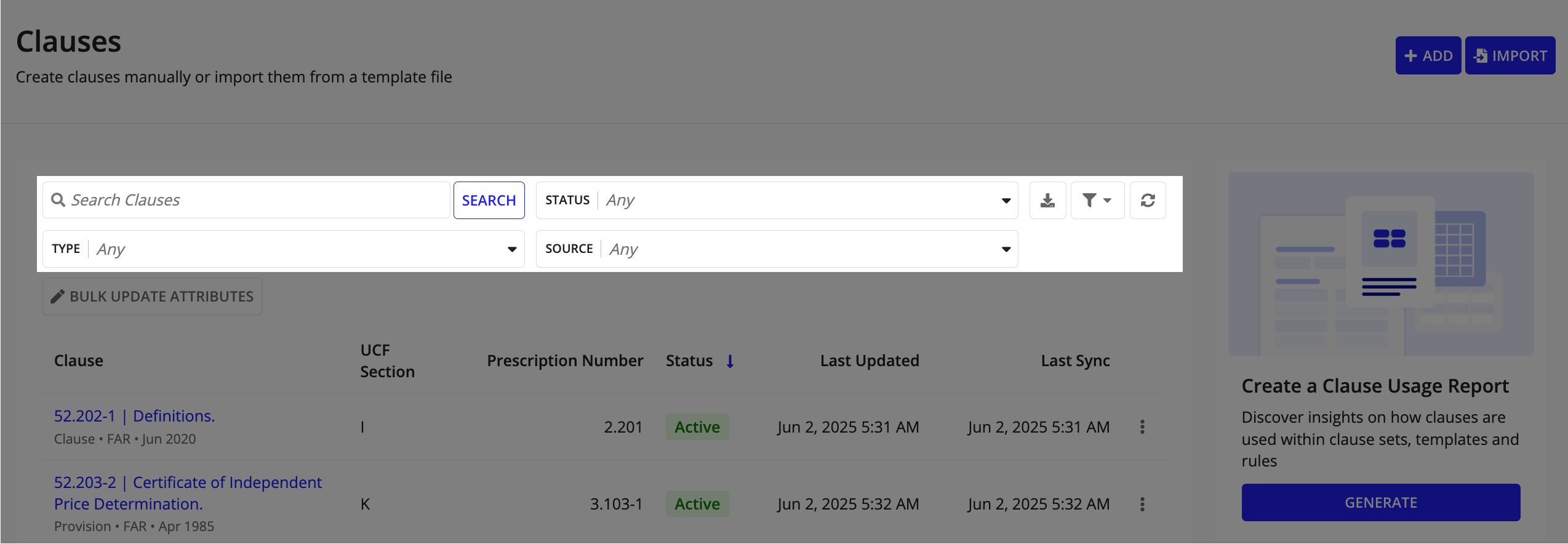 Clauses list with search and filter options for name, type, source, and effective date