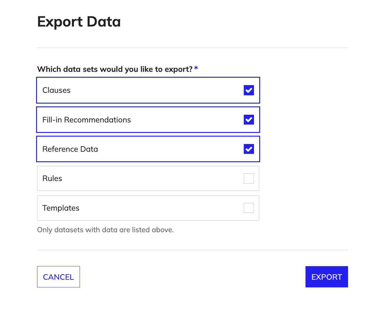 Export Data page showing checkboxes for selecting datasets to export