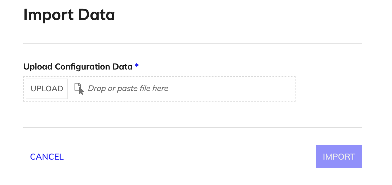 Import Data page with the Upload button for selecting the exported ZIP file