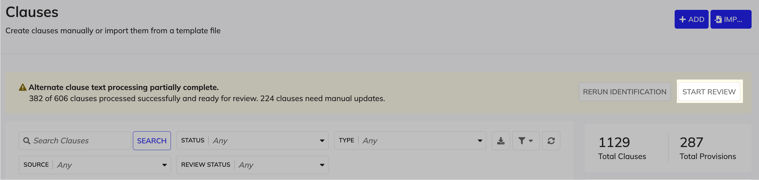Clause review screen entry from the processing banner on the Clauses page
