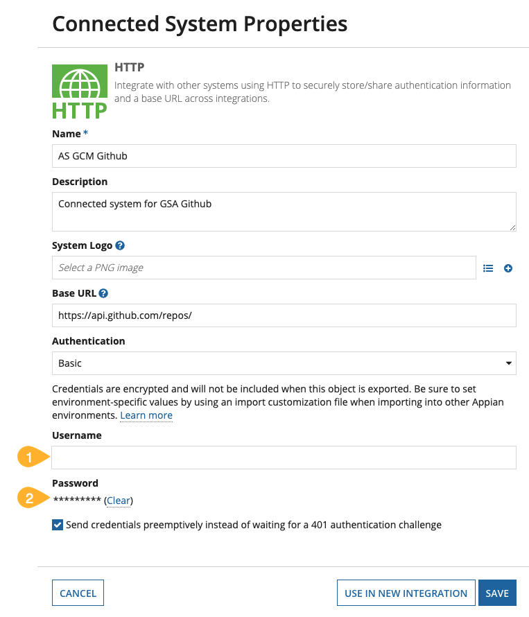 GitHub connected system configuration with username and password fields in Appian Designer