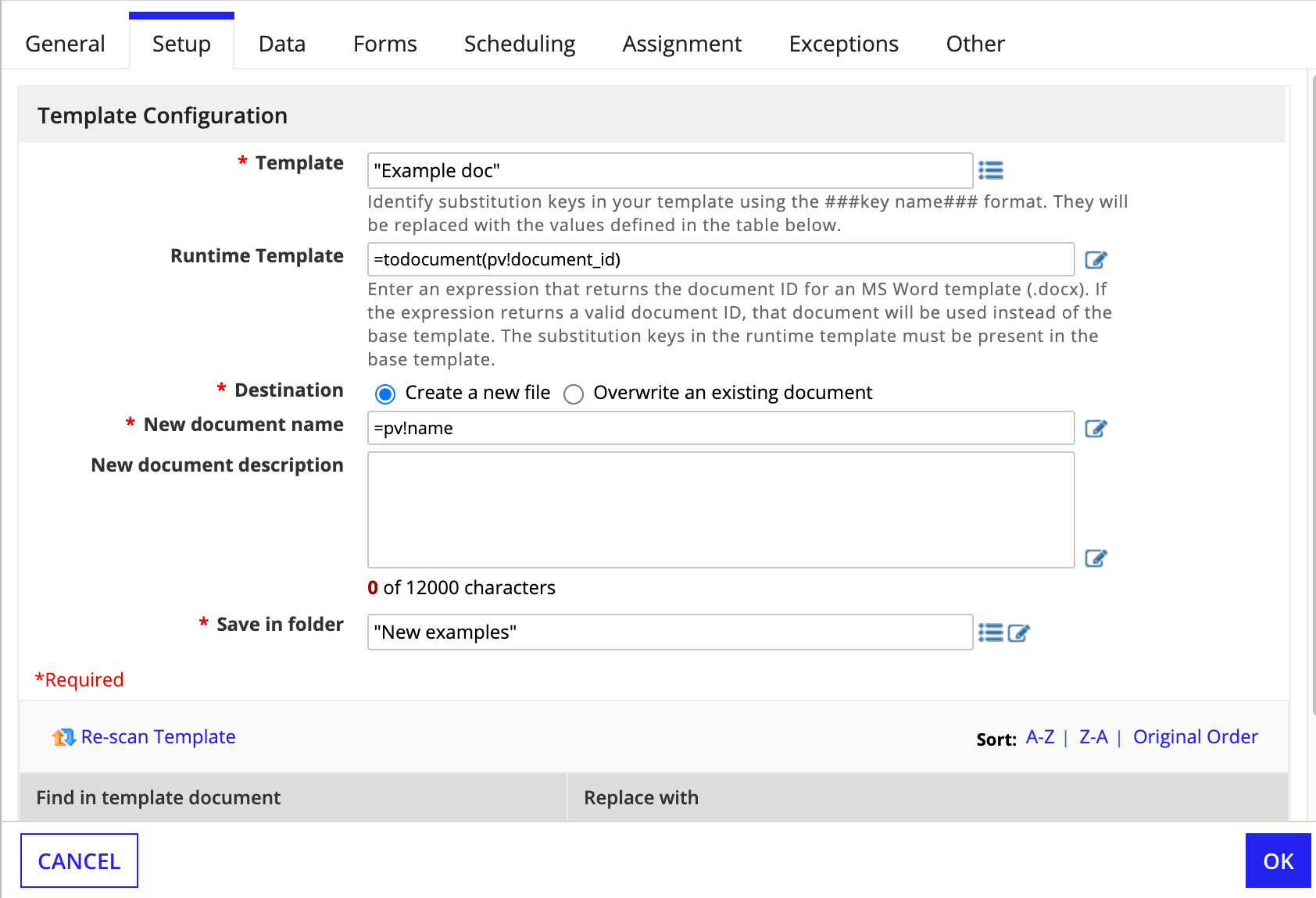 Setup tab of MS Word 2007 Doc from Template smart service