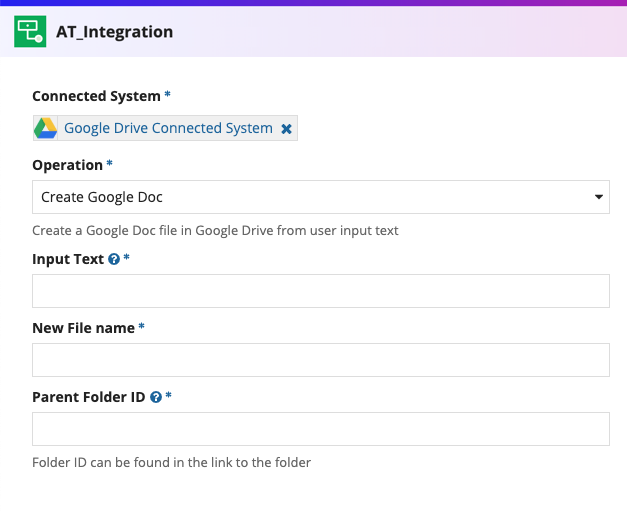 screenshot of a Create Google Doc operation selected in an integration object