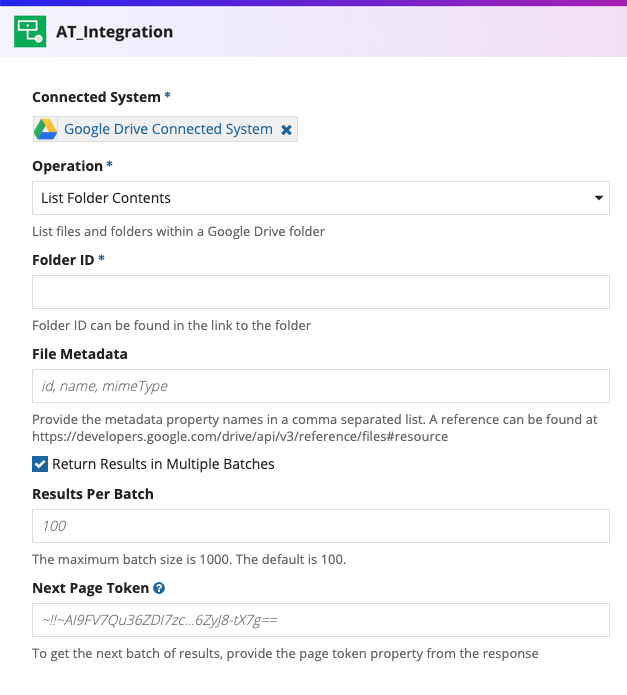 screenshot of a List Folder Contents operation selected in an integration object