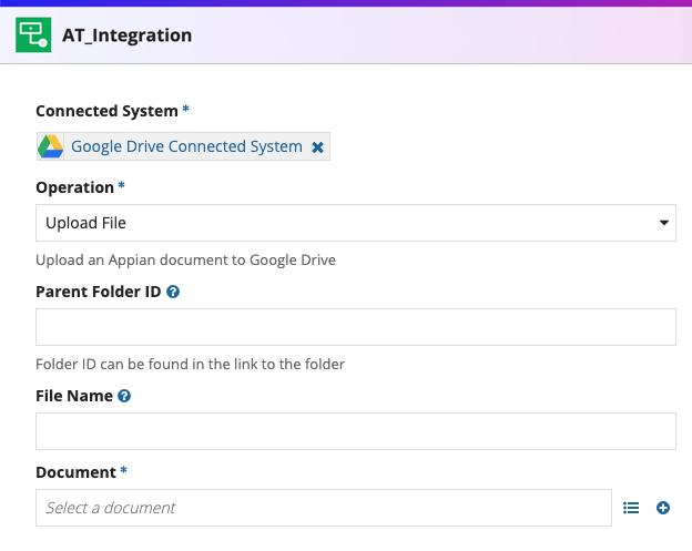 screenshot of the Upload File operation selected in an integration object
