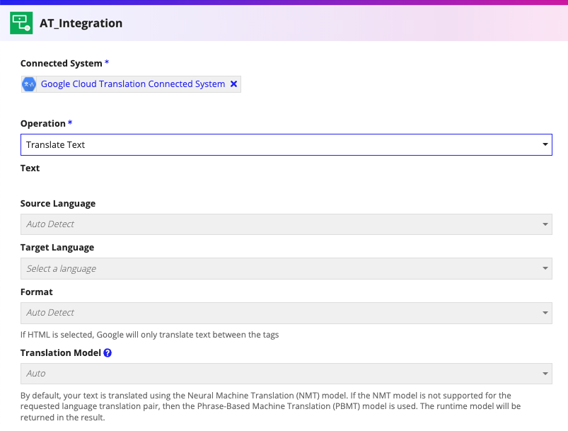 screenshot of Translate Text operation selected in an integration object