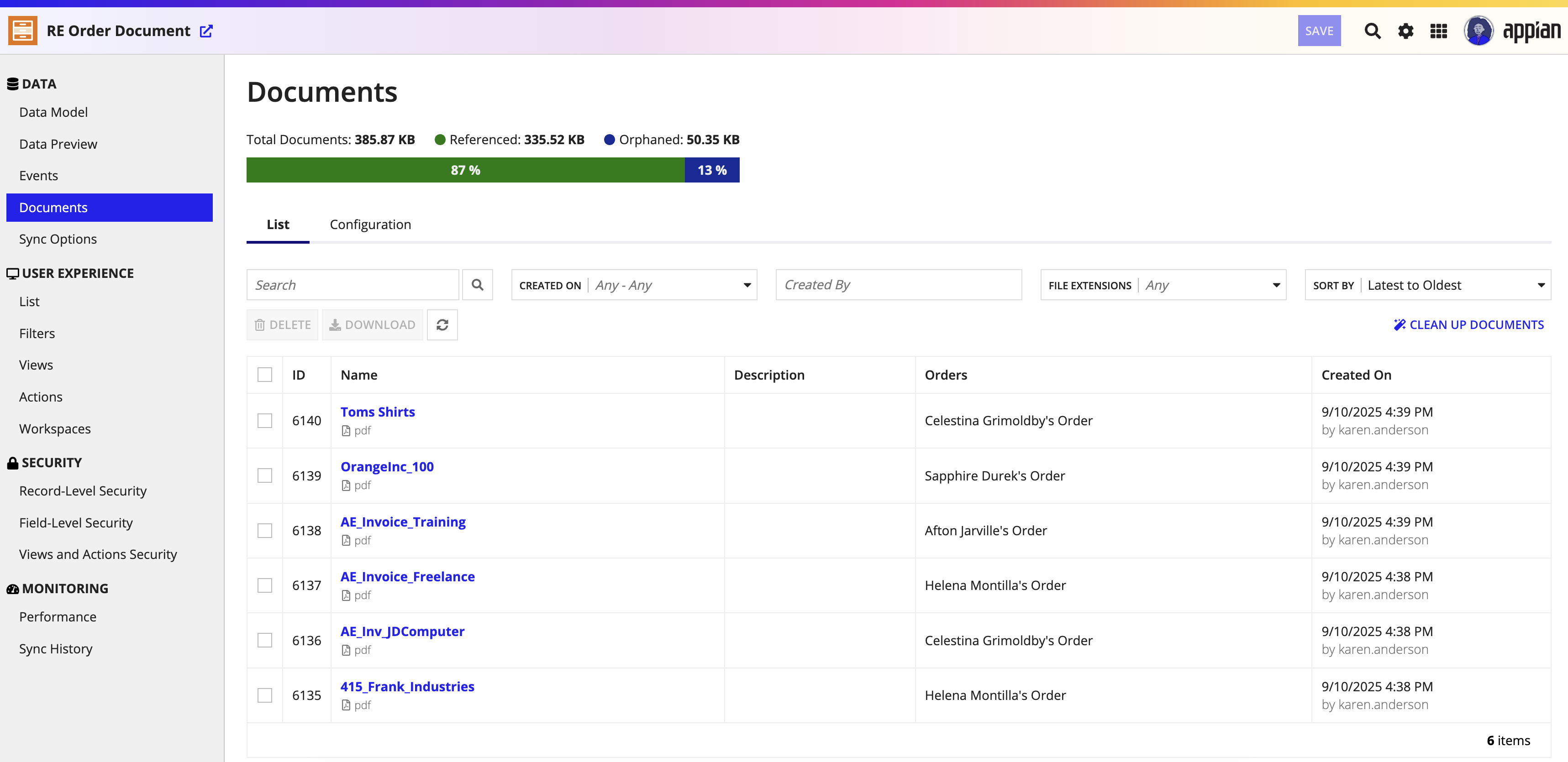Documents page in the record type object