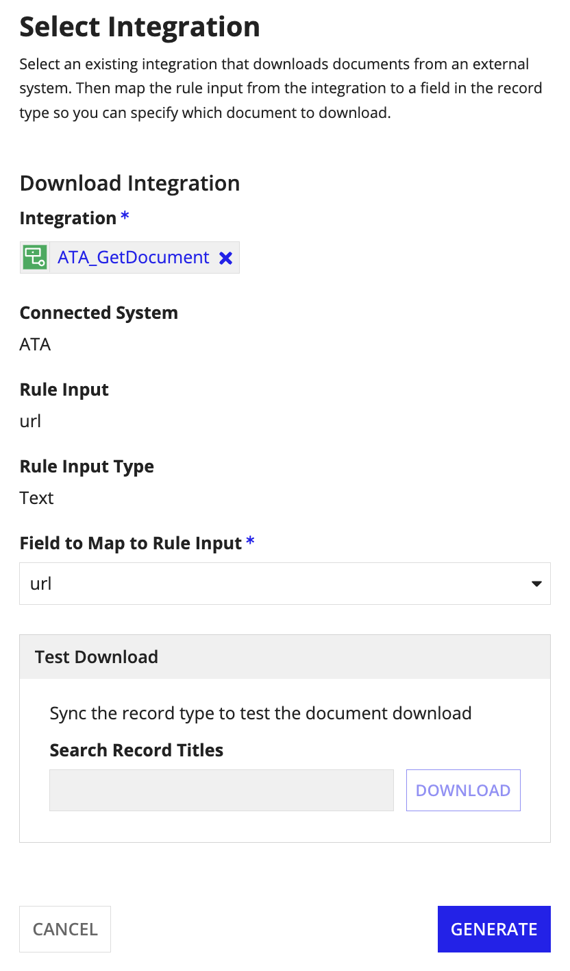 Image of download integration configuration in the record type