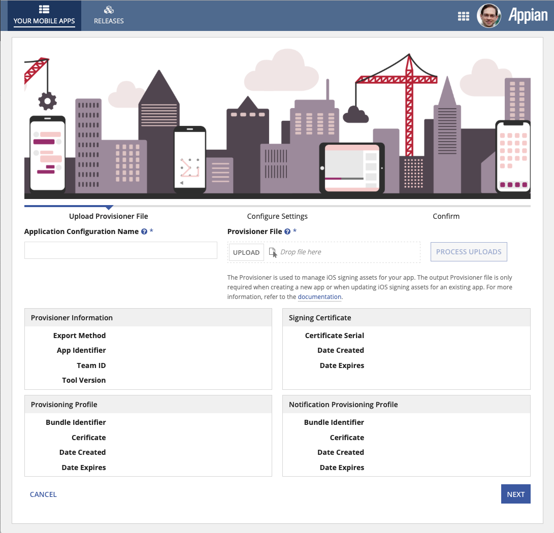 New iOS app creation form with code signing options