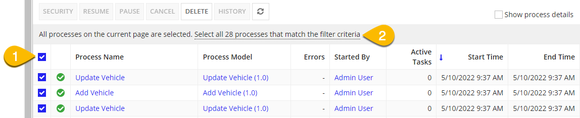 /monitoring process activity bulk operation select
