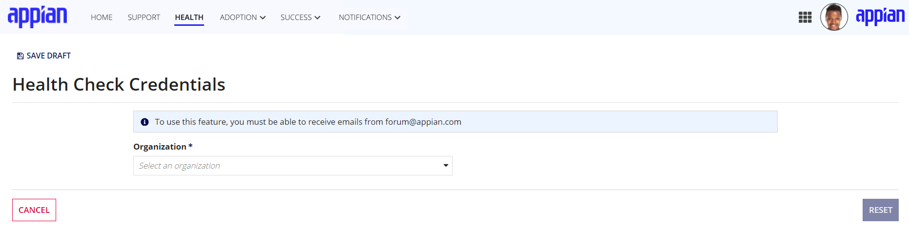 screenshot of the MyAppian Credentials option of the Health Check page