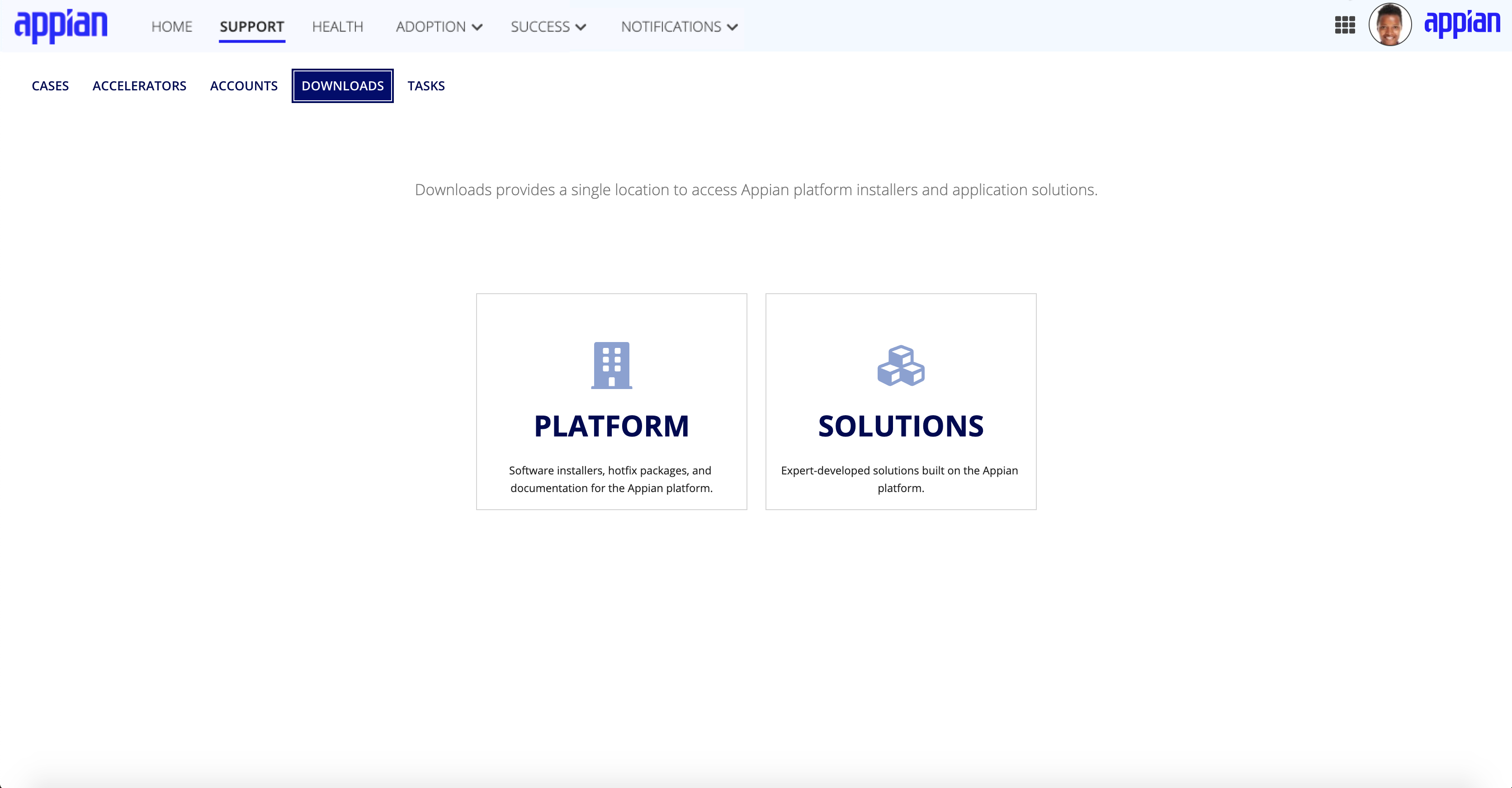 screenshot of the MyAppian Downloads page in the Support tab