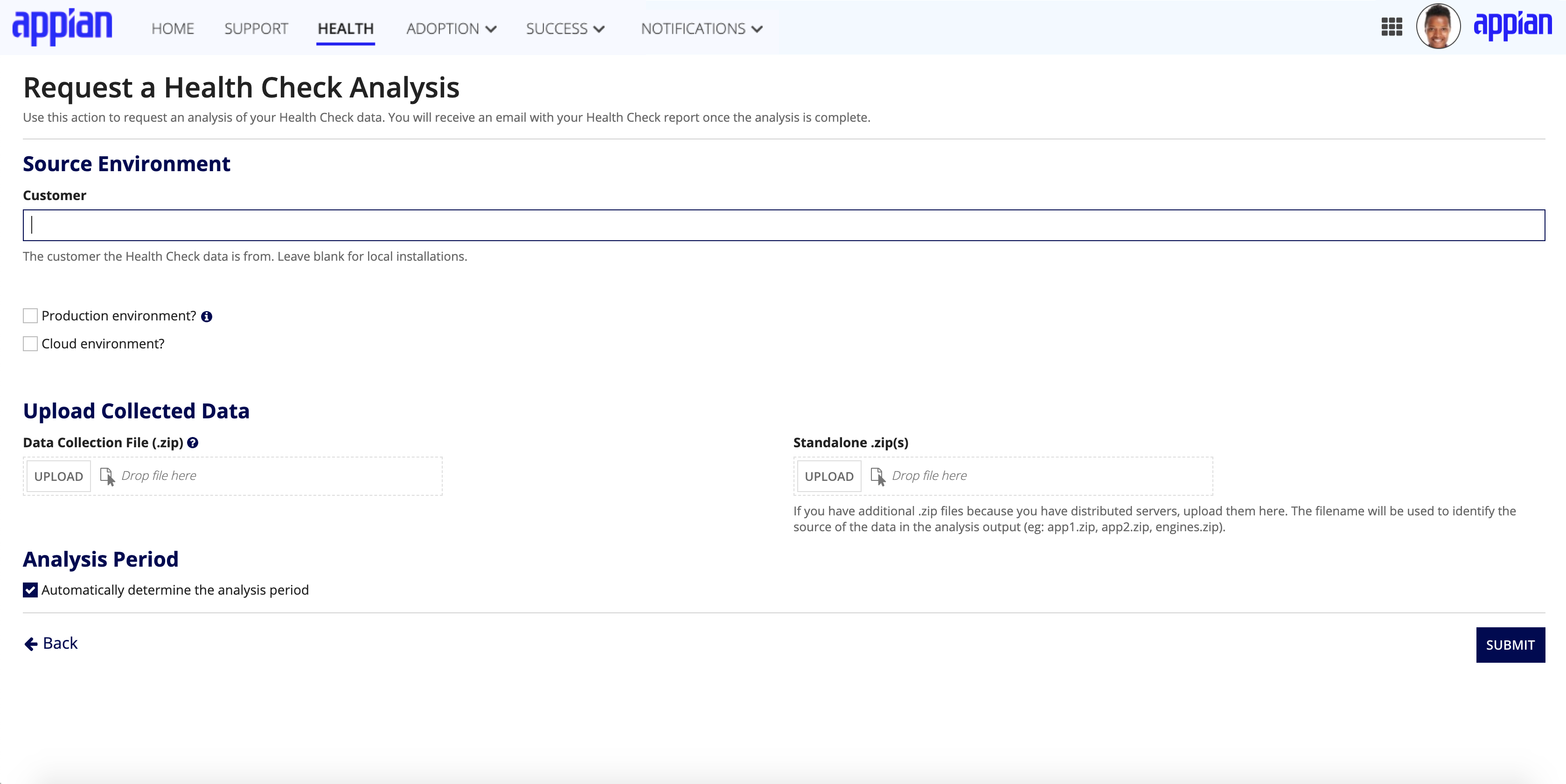 screenshot of the MyAppian Request option of the Health Check page