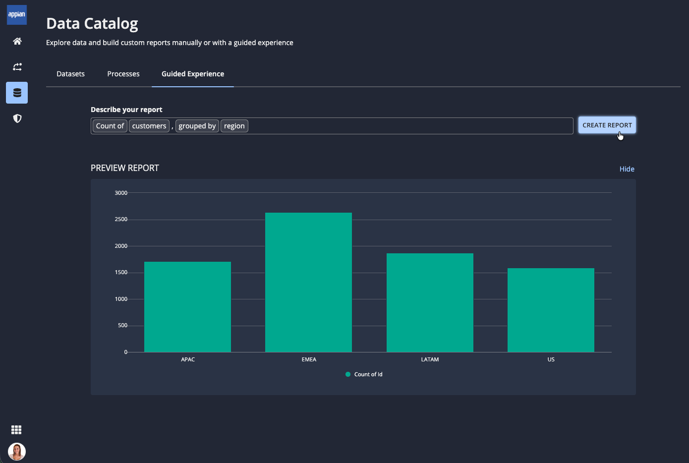 Example of building a report with the guided experience, showing count of customers grouped by region