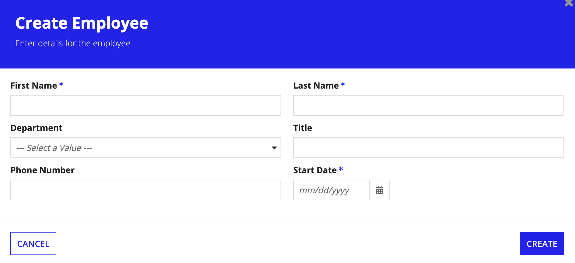Create New Employee start form