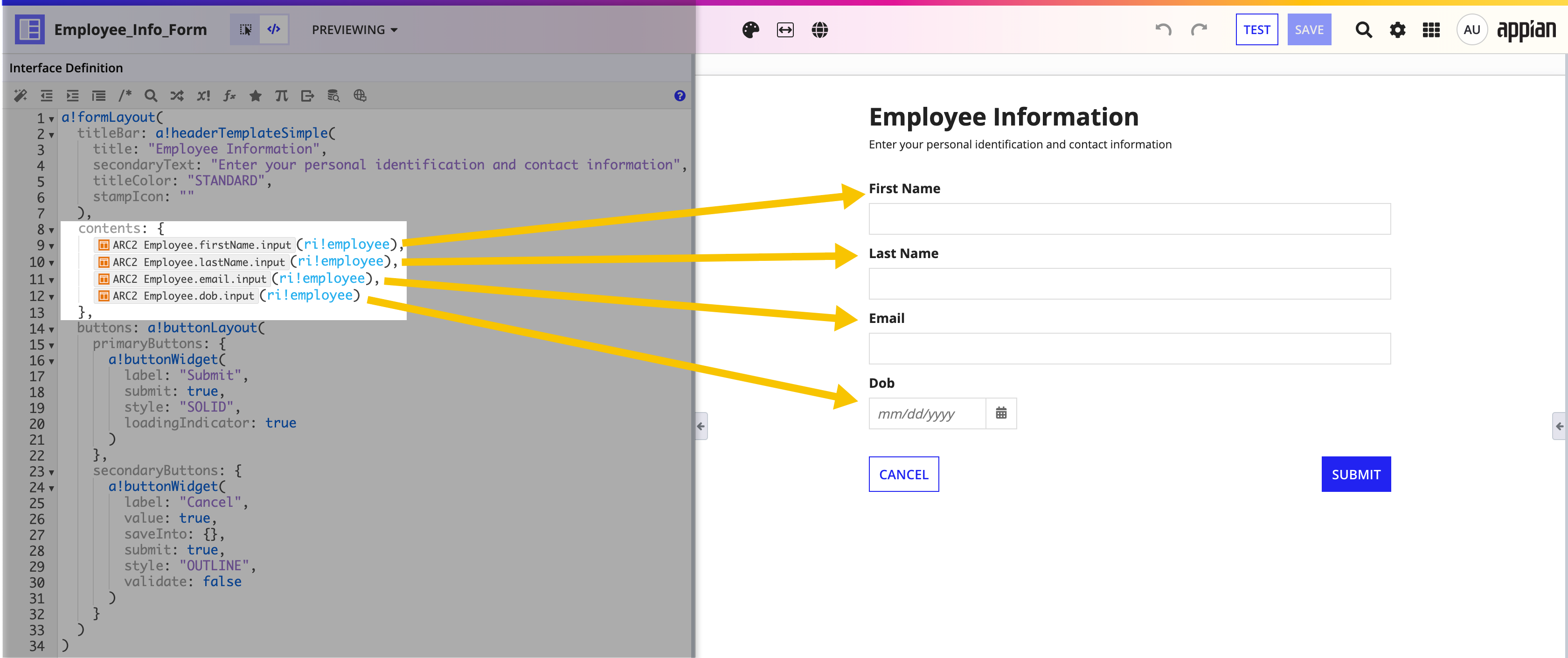 Screenshot of the expression and preview for a form that uses the reusable record fields UIs