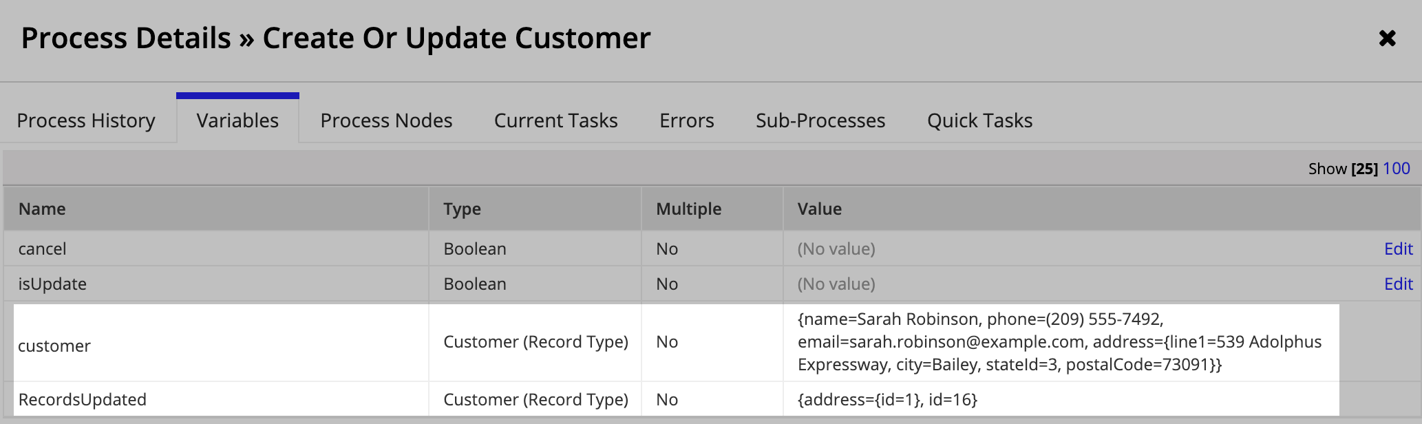 List of process variables showing related record data for Cases nested in the Customer record data