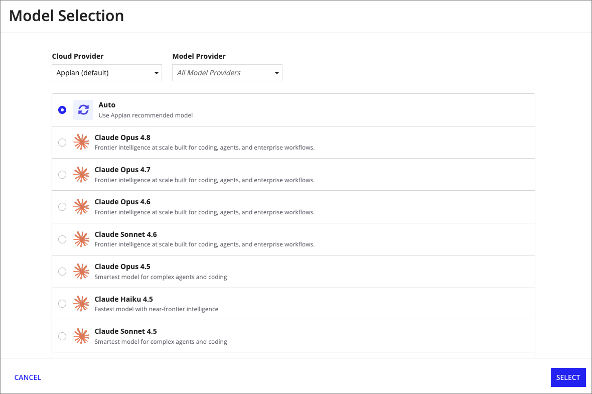 The AI agent design object with external model provider options configured, showing the Auto selection feature for choosing the best available model.